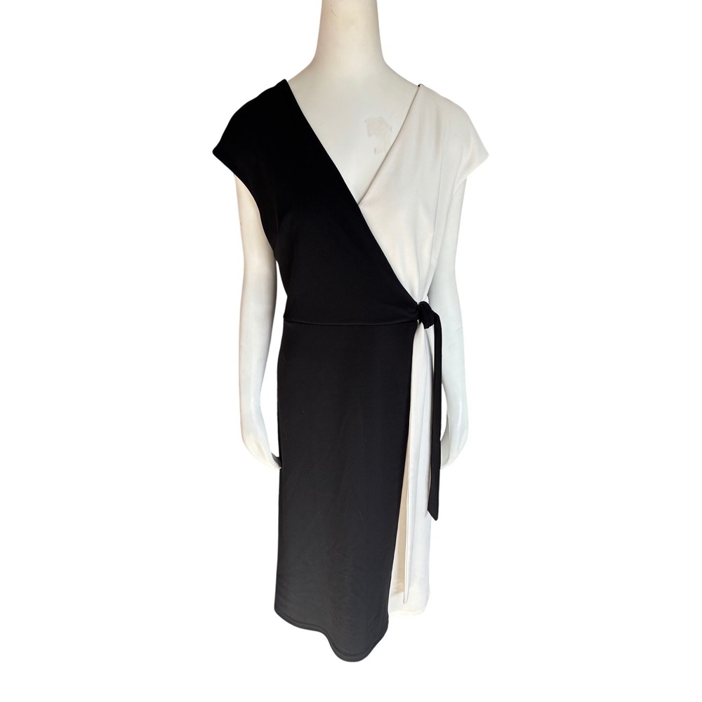Cleo Womens Black White Colorblock Faux Wrap Dress Cap Sleeve Size L